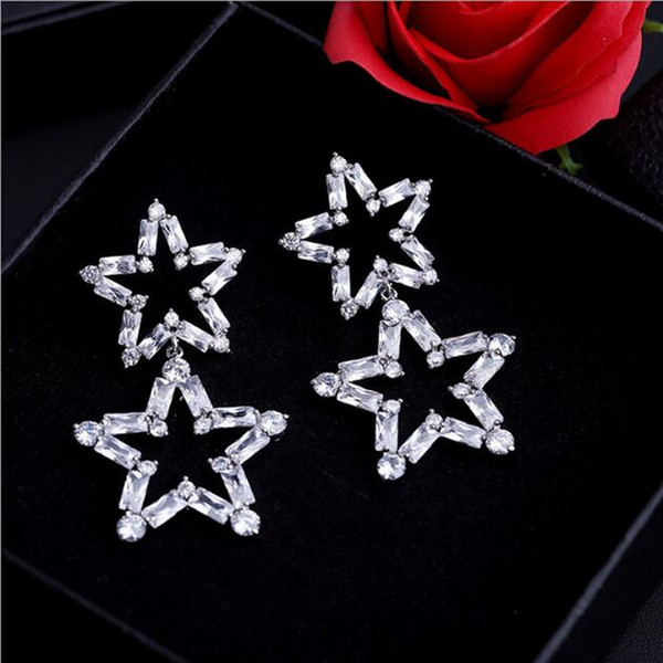 European and American new personality five-pointed star earrings exaggerated super-flash zircon hanging star size star 925 silver needle ear