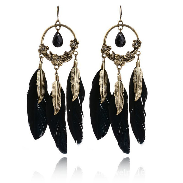 Europe Hot Selling Earrings Fashion Bohemia Retro Black Gem Feather Stud Earrings Plating Alloy Women Earrings Jewelry Wholesale