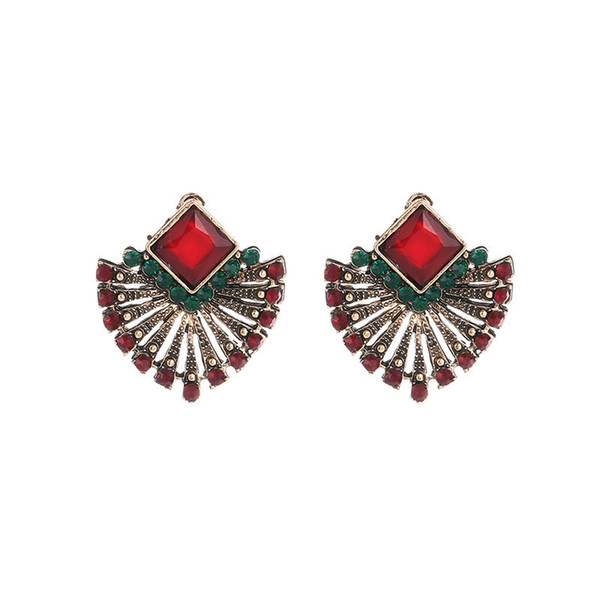 New Bohemia Vintage Fan-shaped Stud Earrings for Women Fashion Red and Green Crystal Earring Charm Statement Jewelry Wholesale