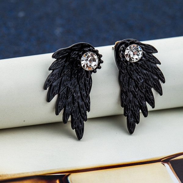 New Fashion Classic Women Gothic Black Alloy Wings Earring Crystal Inlaid Piercing Stud Earrings For Women Jewelry Best Selling