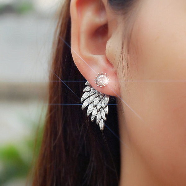 Fashion Feather Alloy Crystal Stud Earrings Black Silver Color Wing Style Statement Earring Ear Stud Jewelry For Women