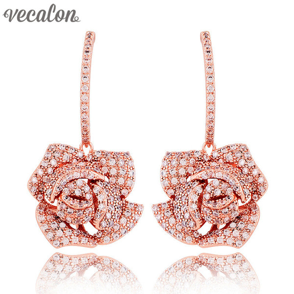 Vecalon Brand Flower Style Dangle earring Full Diamond Rose Gold Filled Engagement wedding Drop Earring for women