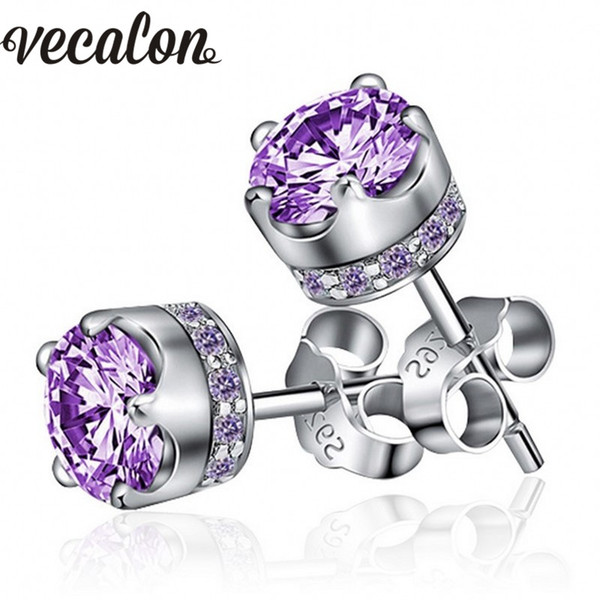 Vecalon office Lady Crown Jewelry earrings Crystal 2ct 5A Cz 925 Sterling silver Party wedding Stud Earrings for women