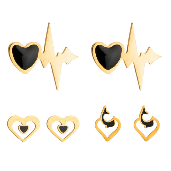 Women Heart Stud Earrings Creative Electrocardiogram Enamel Stainless Steel Earrings Geometric Gold Plated Stud Jewelry Accessories Wholesal