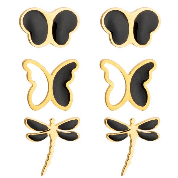 Stainless Steel Hollow Butterfly Stud Earrings Women Cute Animal Stud Set Creative Enamel Dragonfly Earrings Jewelry Accessories Wholesale