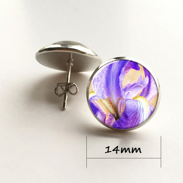 Iris earring Violet blue orange white flower earring glass Photo art Jewelry earring