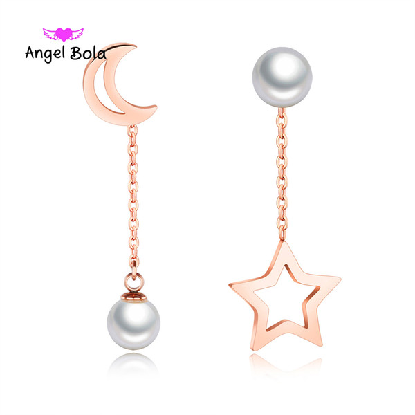 New Rose Gold Color Long Earrings Pearl Simulated Pearl Stud Earrings Stainless Steel Asymmetry Earrings Gift