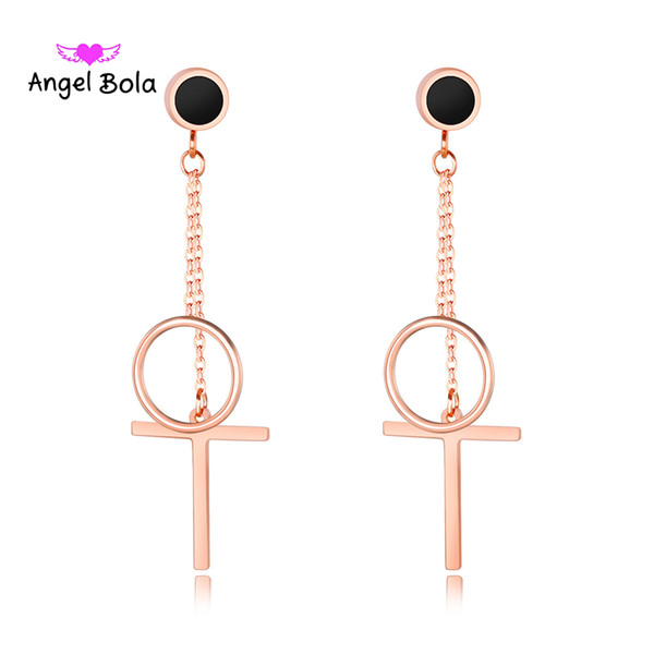 2018 Fashion Love Double Cross Long Chain Drop Earrings Rose Gold Color Stainless Steel Women Party Gift