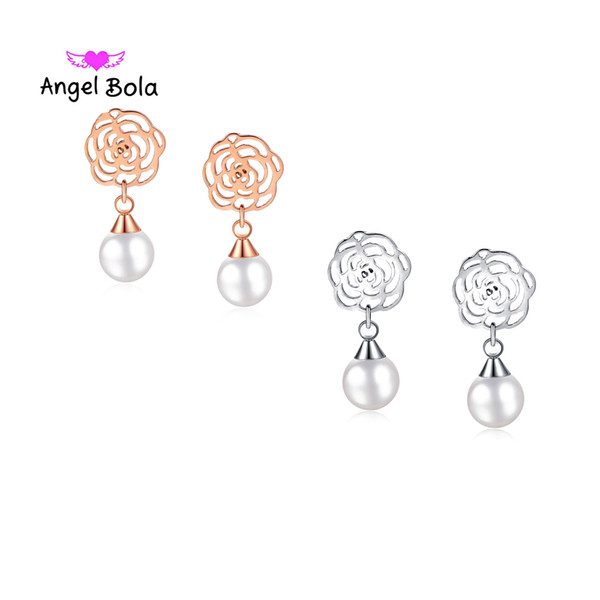 New Fashion Luxury 18K color gold titanium steel Unique Rose Flower Imitate Pearl Stud Earrings For Women Gift Fine Jewelry