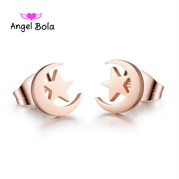 New Fashion Hypoallergenic Rose Gold Color Titanium Steel Jewelry Nickle Free Environmental Girls Cute Star and Moon Stud Earrings