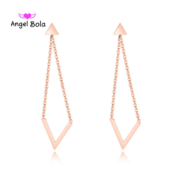 Fashion Brand Women Letter V Charm Chandelier Long Drop Earrings for Female Rose gold stainless steel Fashion Jewelry