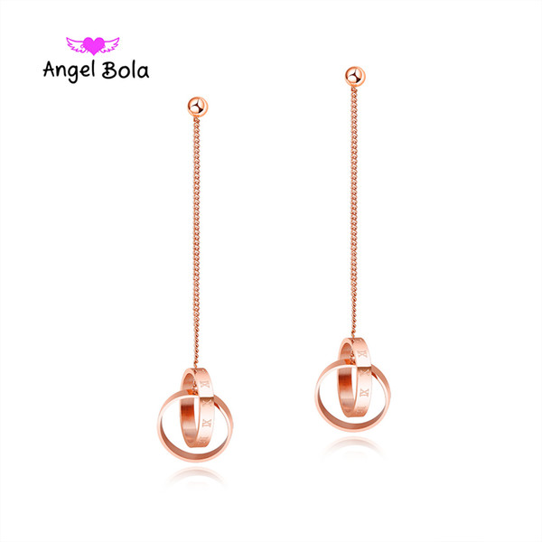 Long Tassel Circle Earrings Rose Gold Color Roman Numerals Earring For Women Stainless Steel Vintage Ear Jewelry