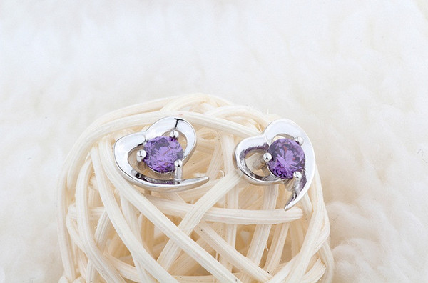 925 sterling silver stud earrings woman's jewelry heart love mystical purple zirconia small open hollow fashion causal classic 9*9mm 1pair