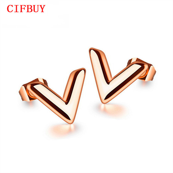 CIFBUY Unique V Shape Woman Stud Earrings Rose Gold Color / Silver Color Nver Fade Women Jewelry Gift Earring GE345