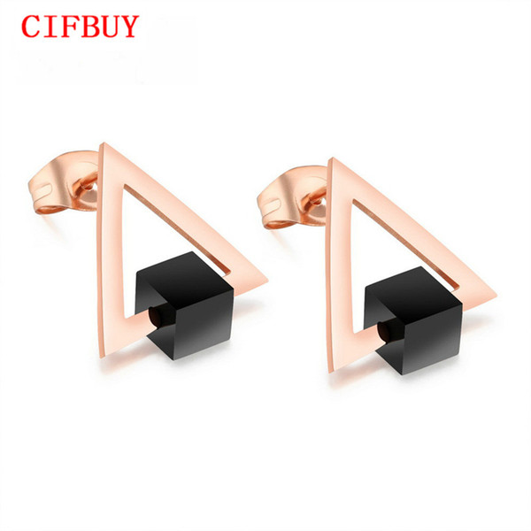 2017 Vintage Triangle Cube Woman Stud Earrings Rose Gold / Gold Color Stainless Steel Female Ladies Party Jewelry Gift GE388