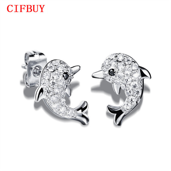 CIFBUY Women's Cute Dolphin Stud Earrings Romantic Gold Color /Silver Color Cubic Zircon Studs Earring Jewelry DE643