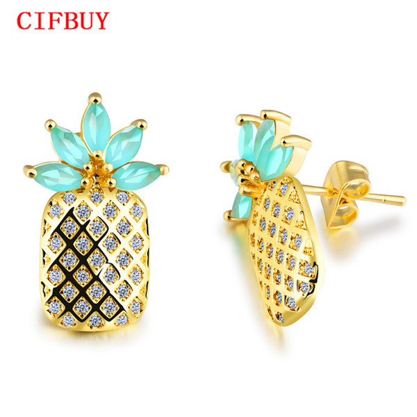 CIFBUY Cute Pineapple Stud Earrings For Women Candy Color CZ Zirconia Leaves Gold Color Female Party Jewelry Dropshipping KE708