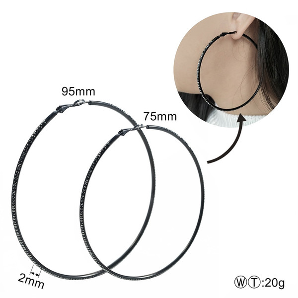 TL Hoop Earrings For Girls 75mm-95mm CZ Stone Inlay Black Color Earrings Big Round Dangle Earrings Female Jewelry