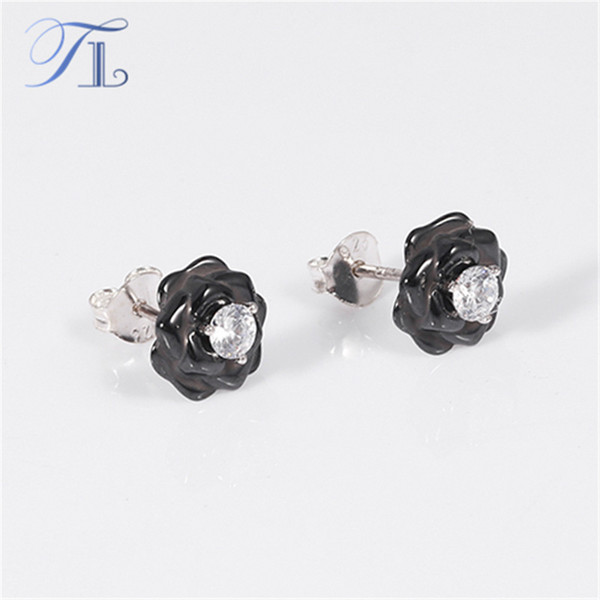 TL Rose Flower Black&White Ceramic Stud Earrings Setting Zircon Flower Core New Fashion 925 Silver Ceramic Earrings For Women