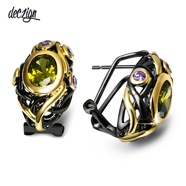 Deczign CZ Stud Earrings for Women Olivine Purple Gold Color Gothic Black Wedding Jewelry Mulheres Brincos Pendientes E023