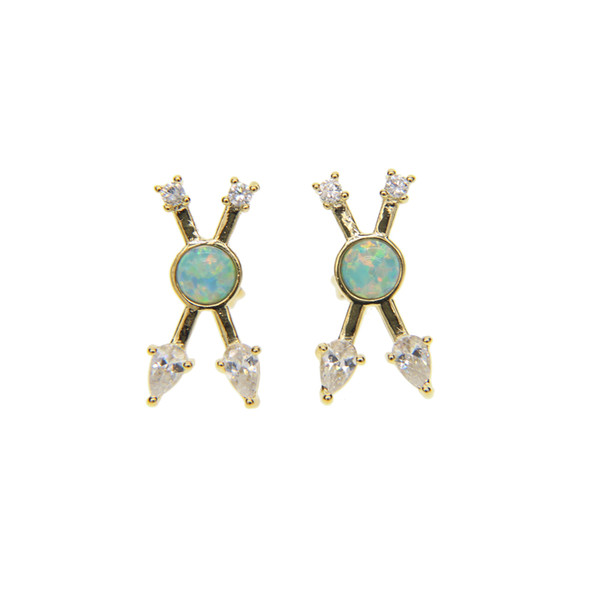 fashion european Criss X design White cz with green fire opal unique fashion classic women ladies 18k gold plated cross earring