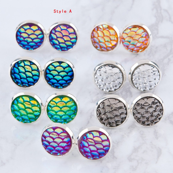 Fashion 12mm Druzy Drusy Round Earrings Mermaid Fish Scale Pattern Earrings Handmade Trendy Stud for Woman