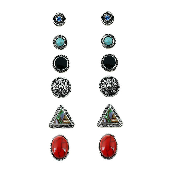 Prebeauty 6 pairs/set super value Bohemia ethnic Turq resin stone Charm triangle shell shinny Crystal exquisite stud Earring Set for Women