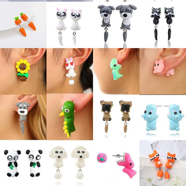 Cute 3D Animal Earrings Polymer Clay earrings Fox Dog Cat Crocodile Rabbit Ear Studs Dangle Fashion Jewelry Will and Sandy Drop Ship 350127