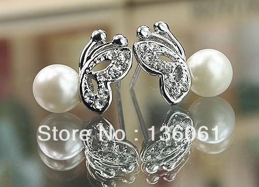 Wholesale Fashion Vintage Silver Butterfly Pearl Rhinestone Stud Earrings Girl Stud Earrings DIY Free Shipping 10Pair Z2640