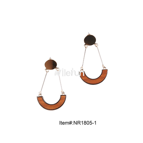 Simple unique metal stud half round semicircle arc shape long bamboo drop earrings dangle earrings real bamboo wood earrings