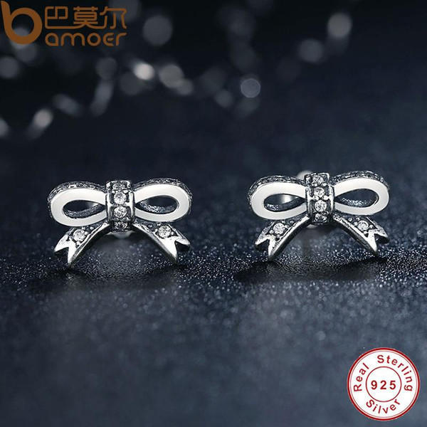 Sterling Silver Sparkling Bow Stud Earrings With Clear CZ Women Wedding Luxury Jewelry PAS407