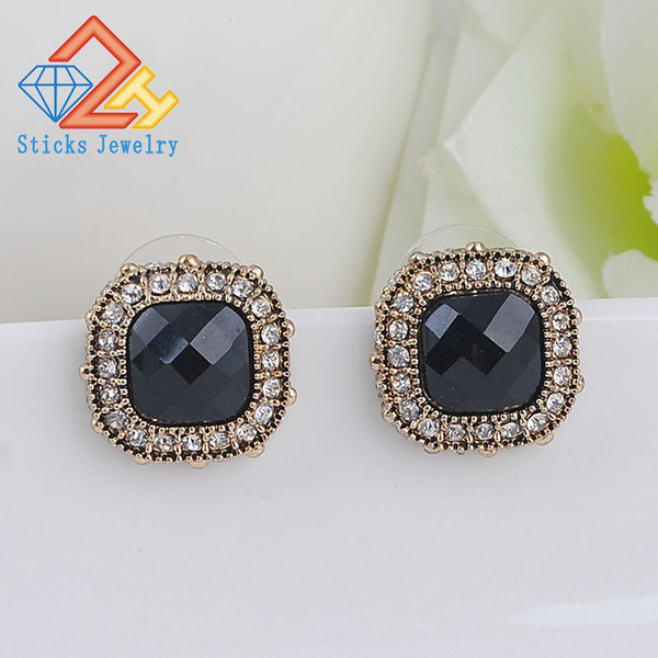 Hot Wholesale Vintage Jewelry Wedding Stud Earrings For Women Color Ancient Gold Mosaic Black Crystal Anillo Gift Accessories