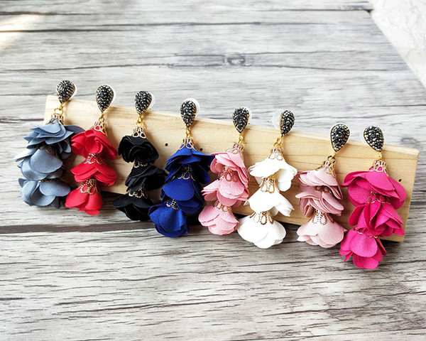 Mix color Fashion Cloth flower earrings Pave Rhinestone jewelry Handmade Charm Soft earrings Women Jewelry ER722