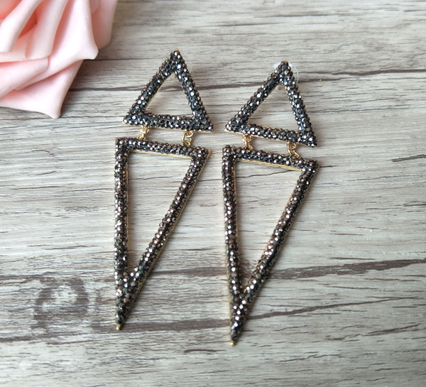 Handmade sparkly pave black rhinestone crystal double-triangle gorgeous dangle charms earrings,fashion jewelry for women ER359