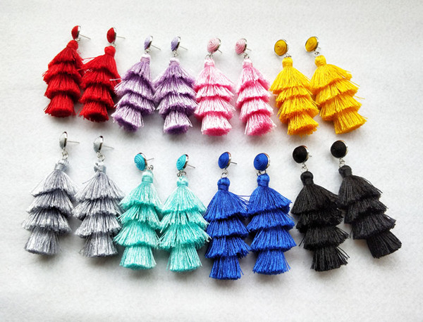 Cotton Silk 3 layer Tassel dangle Earrings,Pave Rhinestone Tassel Women Jewelry Bohemia Earrings Xmas gift ER653