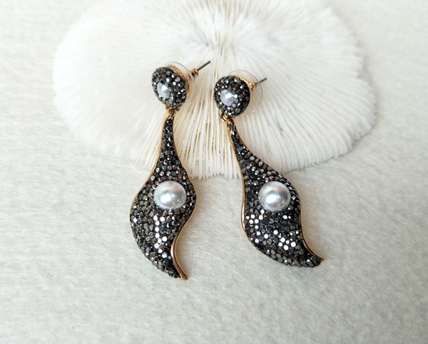 Handmade Fashion earrings Paved black Rhinestone Crystal pearl Charm drop Dangle earrings Jewelry for women ER447