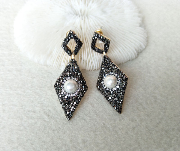 Rhombus shaped earrings handmade Paved Rhinestone Crystal pearl Charm drop Dangle earrings Jewelry for women ER446