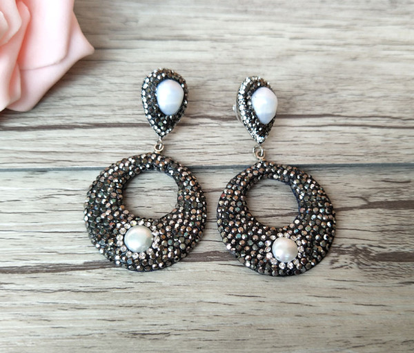 water-drop pearl bead earrings,handmade leather pave rhinestone round shape charm big dangle earrings for women ER441