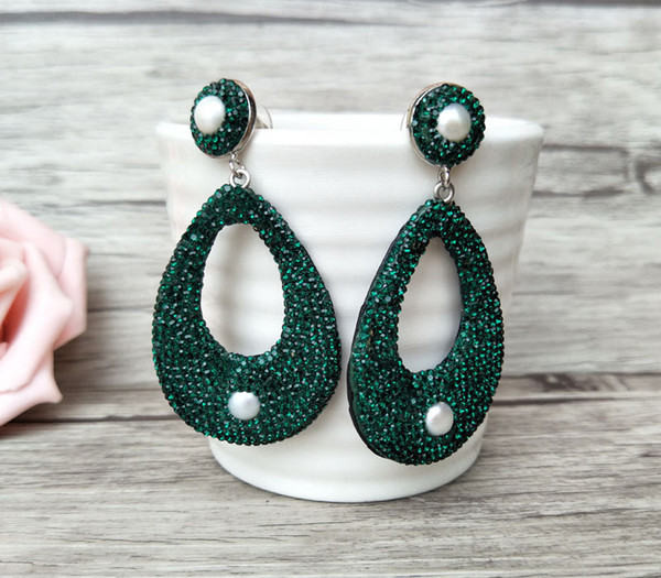 Water-drop earrings,handmade leather pave green rhinestone Crystal pearl beads charm big dangle earrings for women ER540