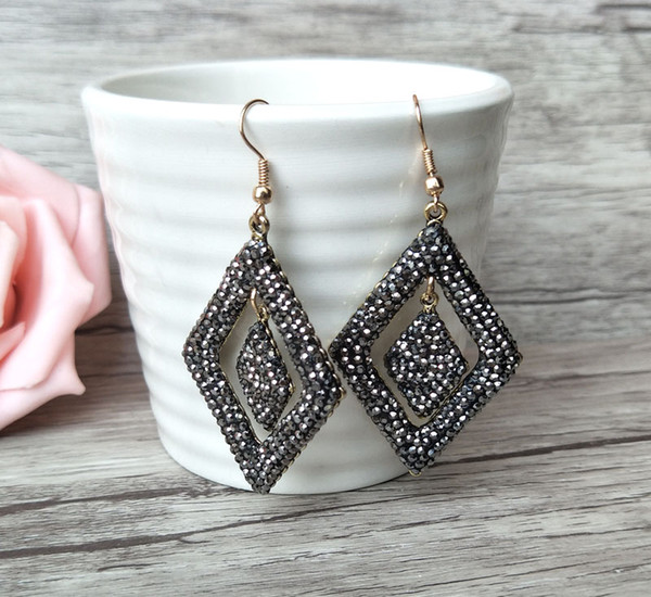 Handmade sparkly black rhinestone,pave crystal rhombus gorgeous dangle charm earrings,fashion jewelry for women ER360