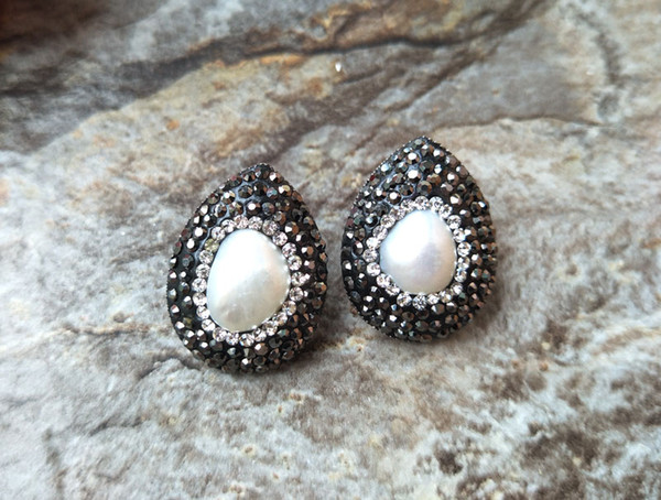 Fashion Black Crystal Earring,Natural pearl earrings,water drop Pave Rhinestone Crystal Stud Jewelry For Women ER152