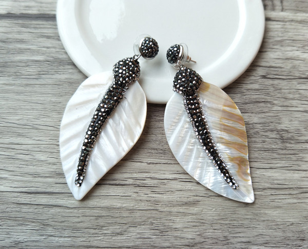 Nature leaf shaped shell earrings, pave rhinestone Crystal charm dangle Jewelry for Bohemia Earring ER199