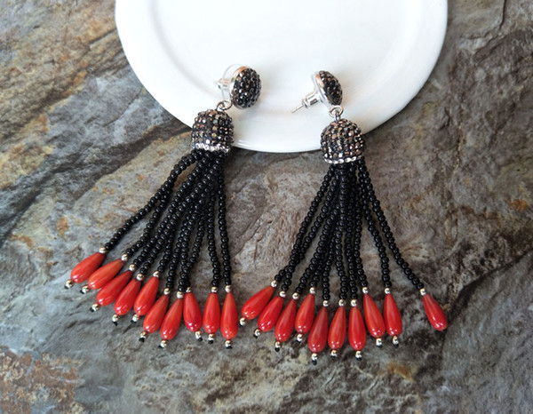 Bohemia black bead tassels Earrings,with rhinestone crystal cap,with red coral beads charms Jewelry dangle earring for women ER144