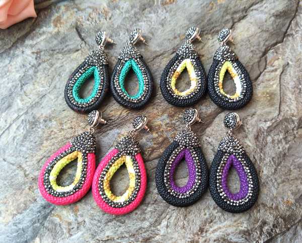 Mixed Color Leather earrings,with Pave Rhinestone Fishskin leather Charms Jewelry Dangle Earring For Women ER143