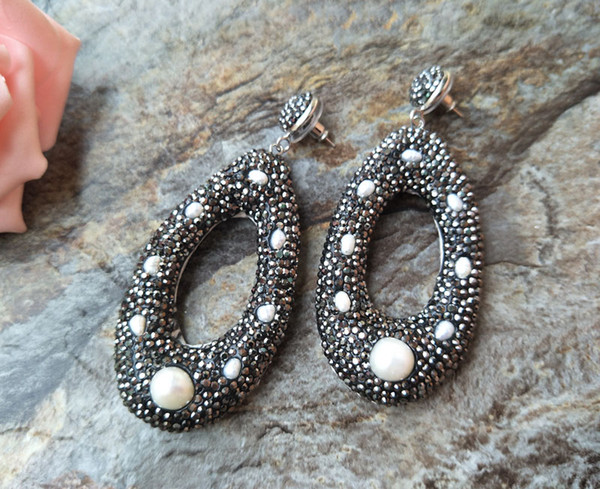 Snakeskin Leather Earrings, Natural pearl with Pave Rhinestone Charms Jewelry Dangle Earring For Women ER145