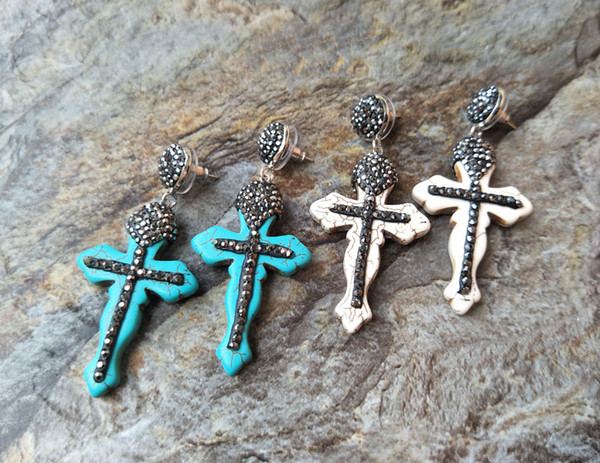 Cross Turquoise stone Earrings,With Paved Crystal Rhinestone Beads charms Dangle Earring Handmade Jewelry For Women ER150