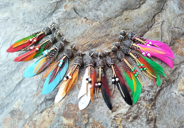 Pave Crystal Rhinestone stud, Mixed Color Feather earrings,with leather and beads Dangle Earring Charm Jewelry For Women ER157