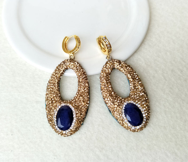 Natural druzy royal Stone dangle Earring handmade Drop Earrings Pave Crystal Rhinestone Charm Jewelry ER116