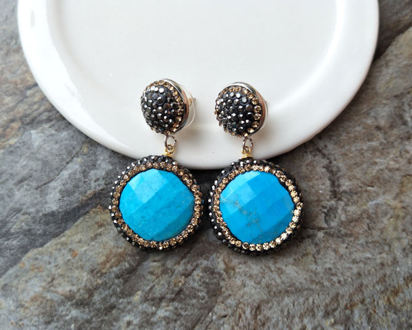 Round Turquoise stone Earrings,With Paved Crystal Rhinestone Beads charms Dangle Jewelry Handmade For Women ER164