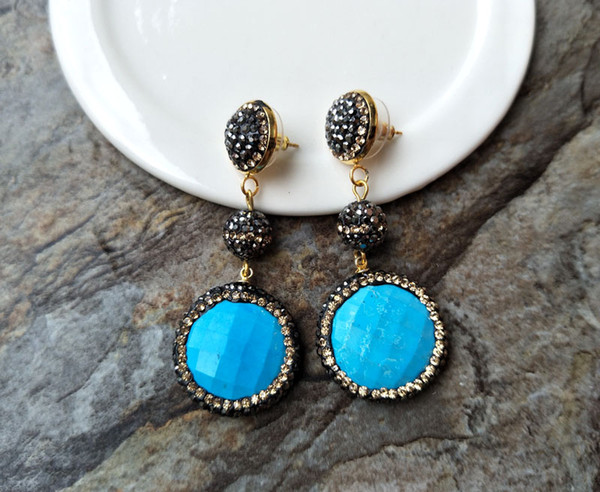 Round Turquoise stone Earrings,With Paved Crystal Rhinestone Beads charms Dangle Earring Handmade Jewelry For Women ER163